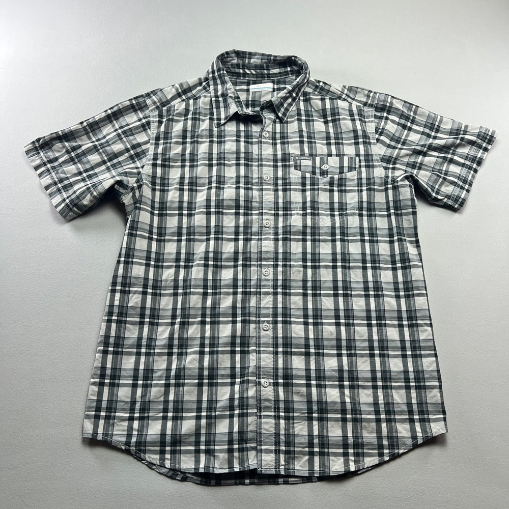 Columbia Shirt Mens Large Multicolor Plaid Logo Stretch Shirttail Hem Button Up
